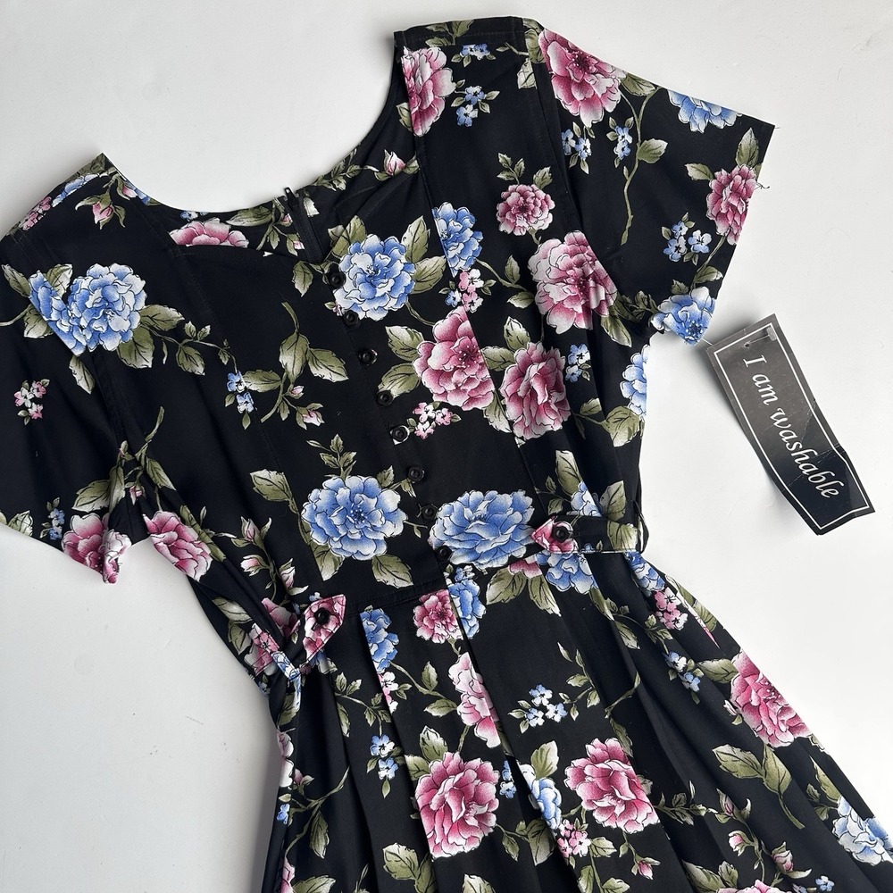 Vintage Erika Maxi Dress Women's Small Black Floral Print Tie Waist 90s Mom NWT - Picture 11 of 14